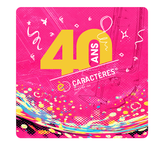Visuel anniversaire des 40 ans de Caractères, fond rose avec confettis et guirlandes colorées