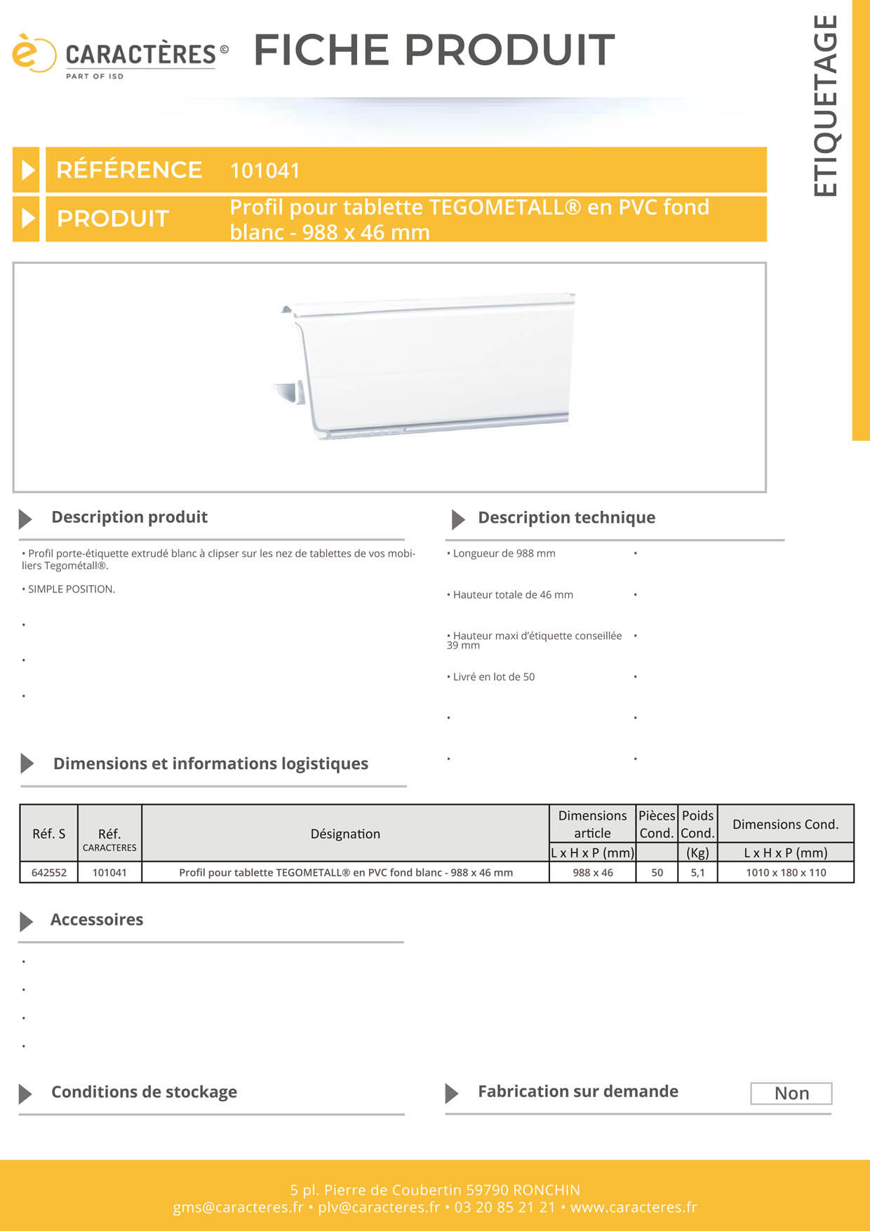 PE extrudé blanc 1 position pour tablette TEGOMETALL® - 46 x 988 mm