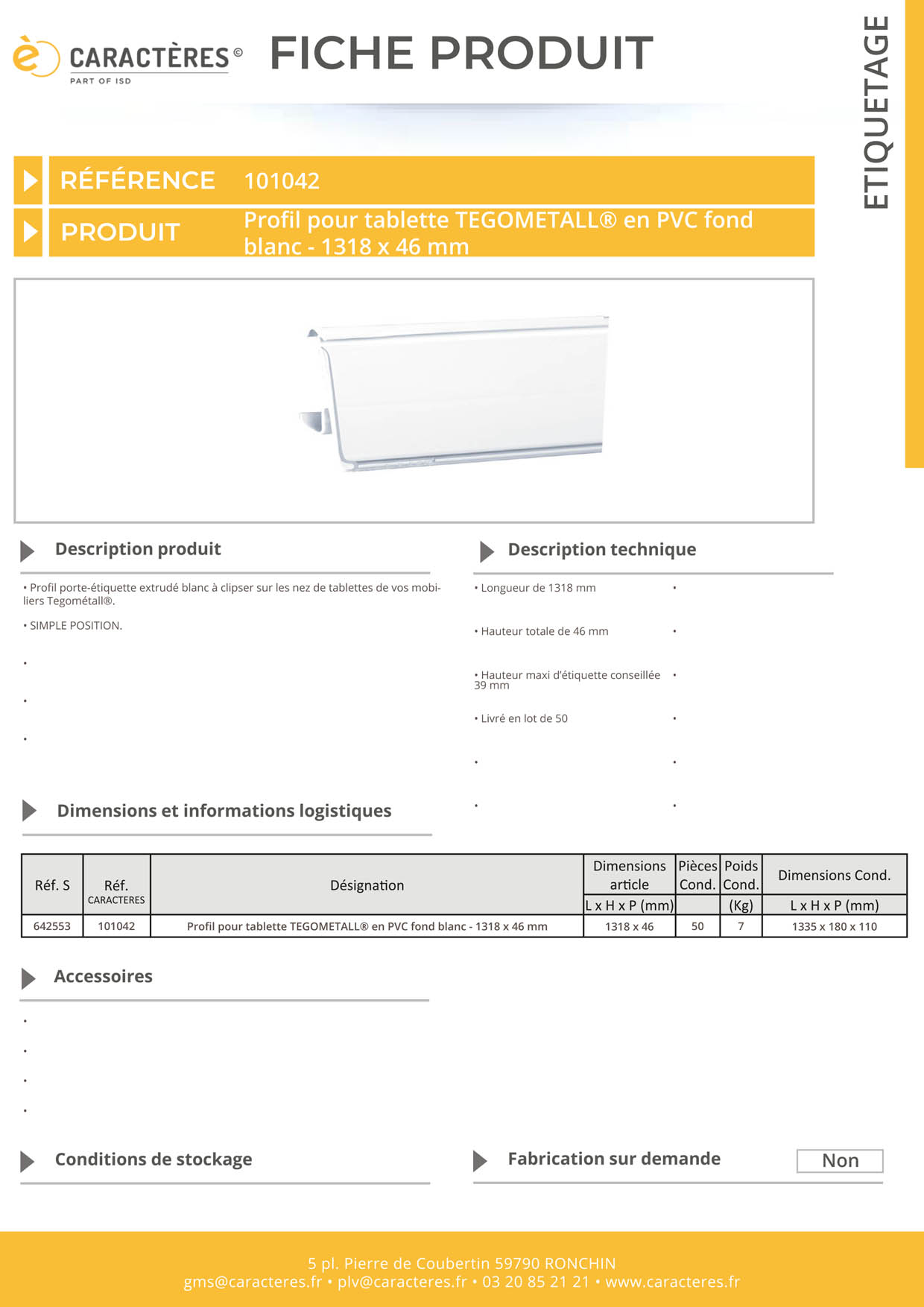 PE extrudé blanc 1 position pour tablette TEGOMETALL® - 46 x 1318 mm