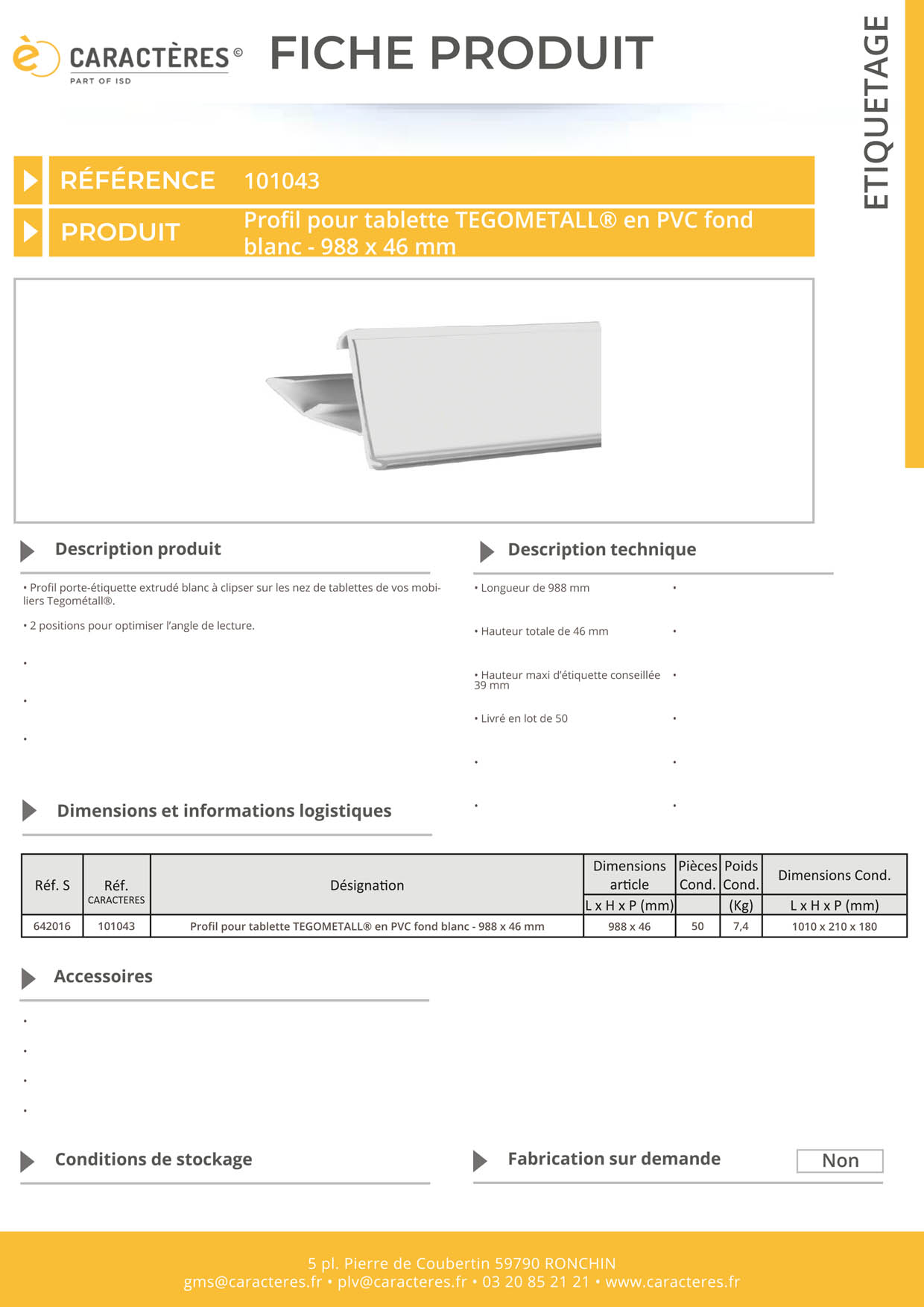 PE extrudé transparent 2 positions pour tablette TEGOMETALL® - 46 x 988 mm