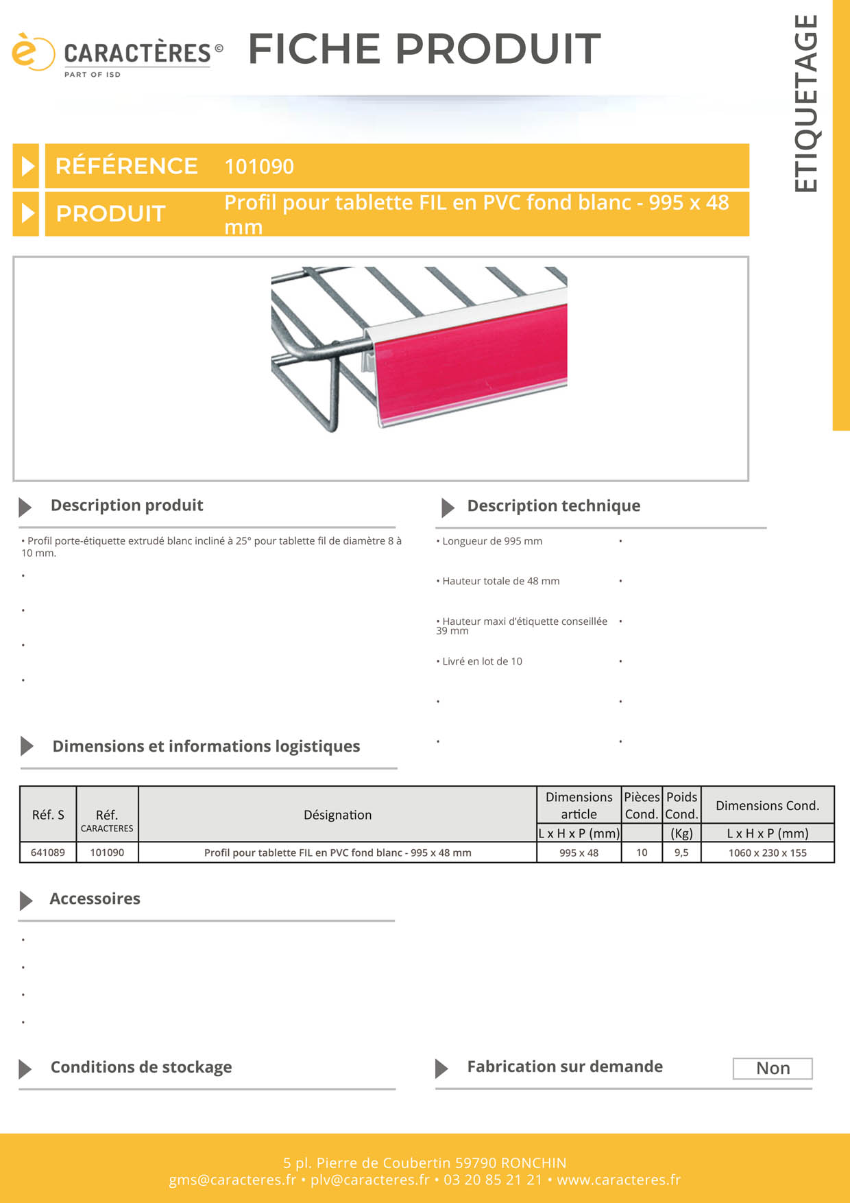 PE extrudé blanc incliné à 25° pour tablette fil - 48 x 995 mm