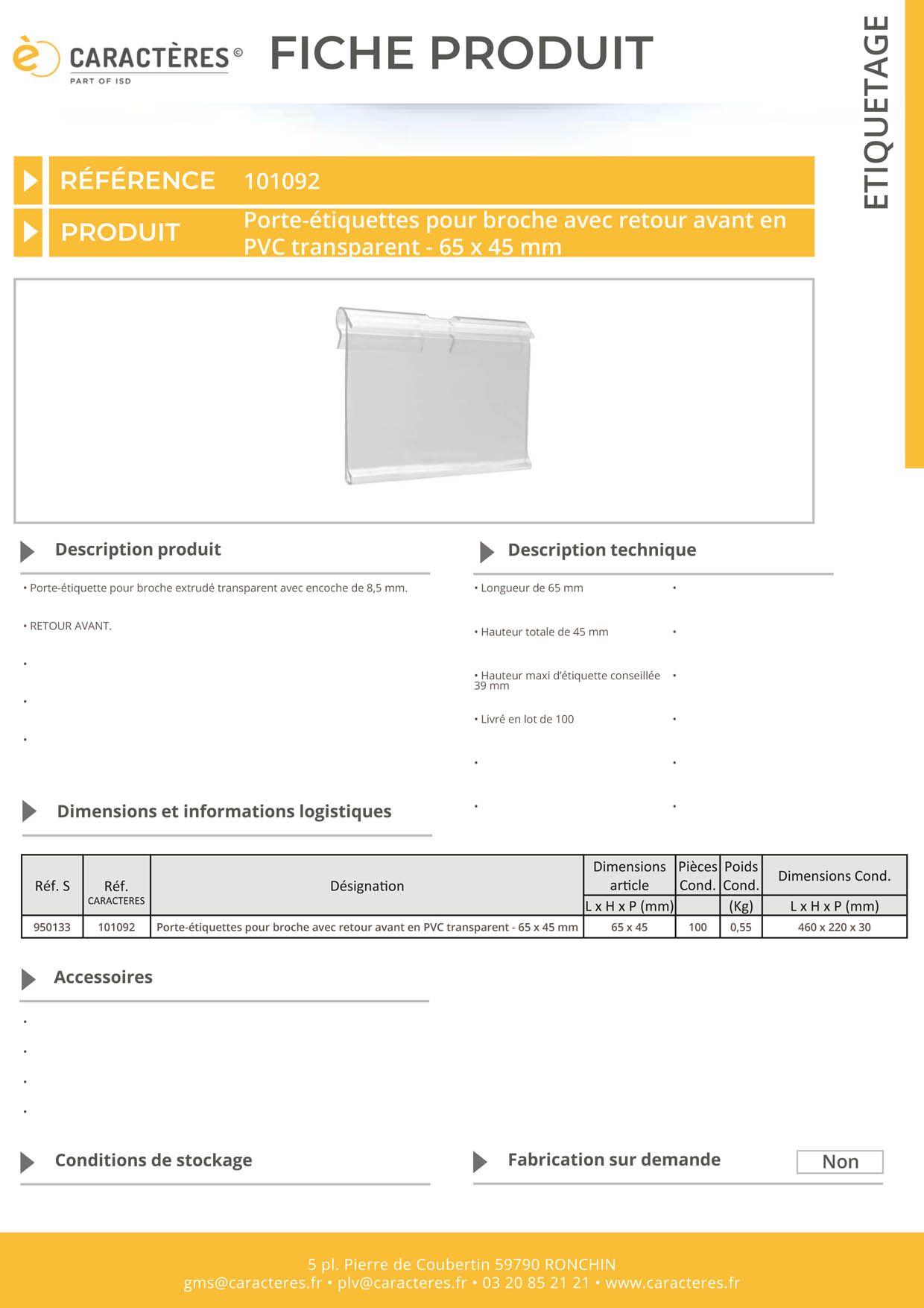 PE transparent pour broche avec retour avant - Encoche 8.5 mm - 45 x 65 mm