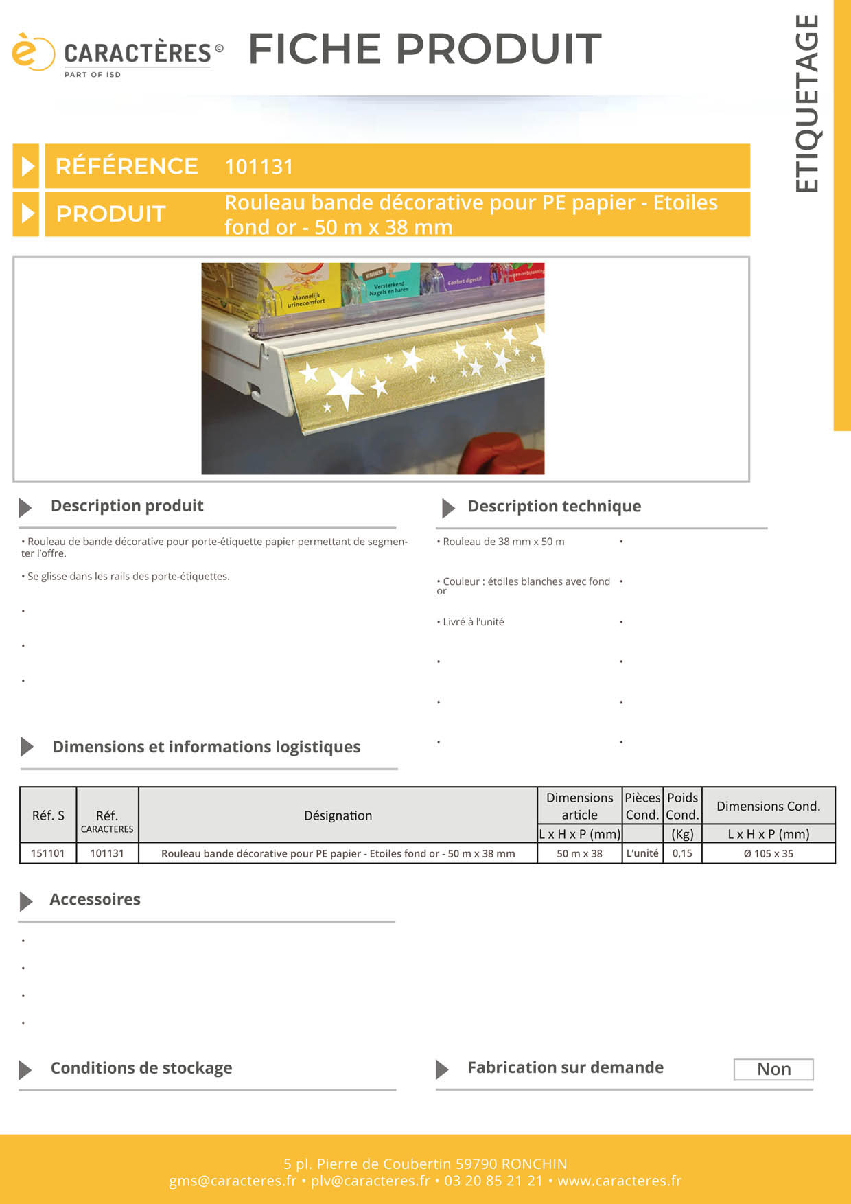 Bande décorative pour PE papier de 50 m x 38 mm - Etoiles fond or