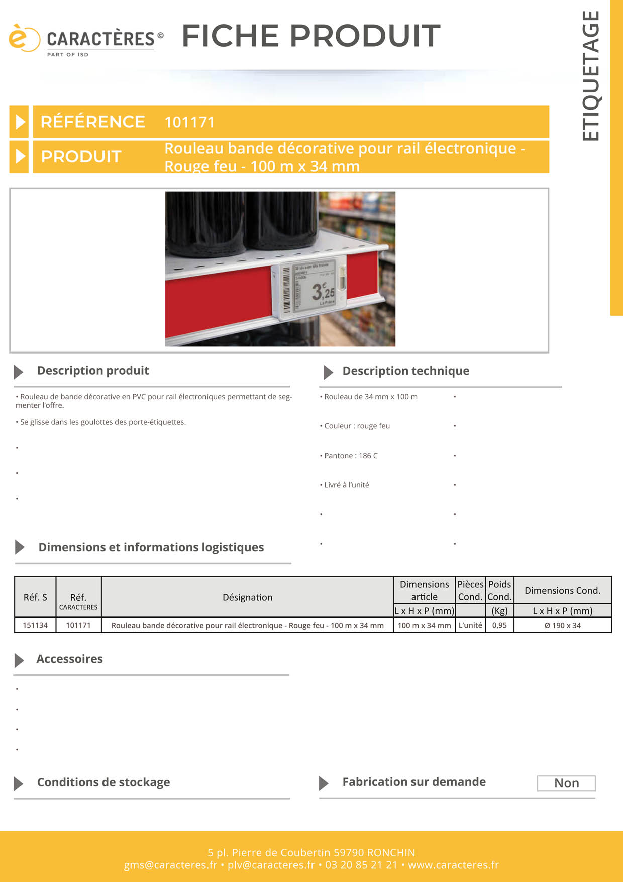 Bande décorative pour rail étiquette électronique de 100 m x 34 mm - Rouge feu