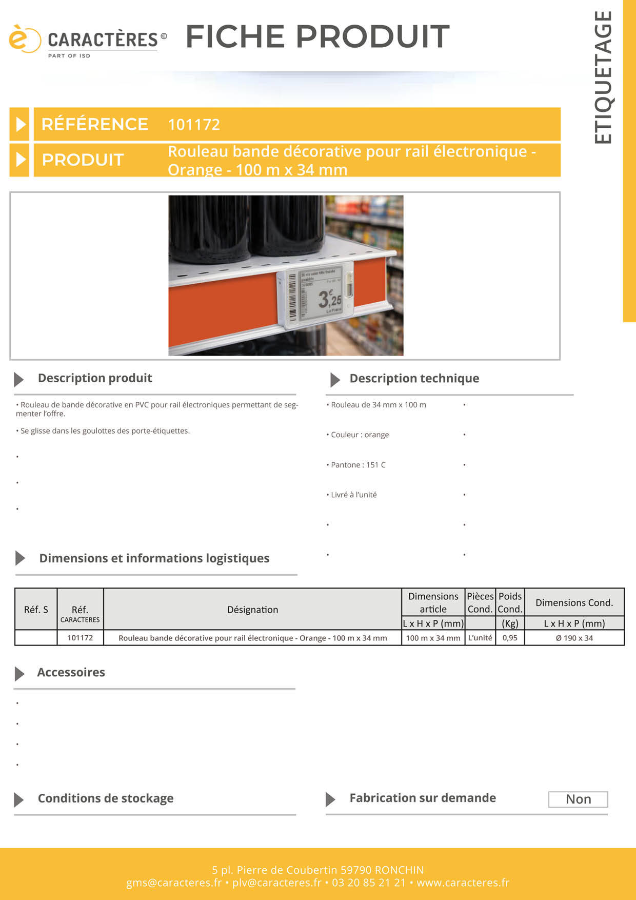 Bande décorative pour rail étiquette électronique de 100 m x 34 mm - Orange