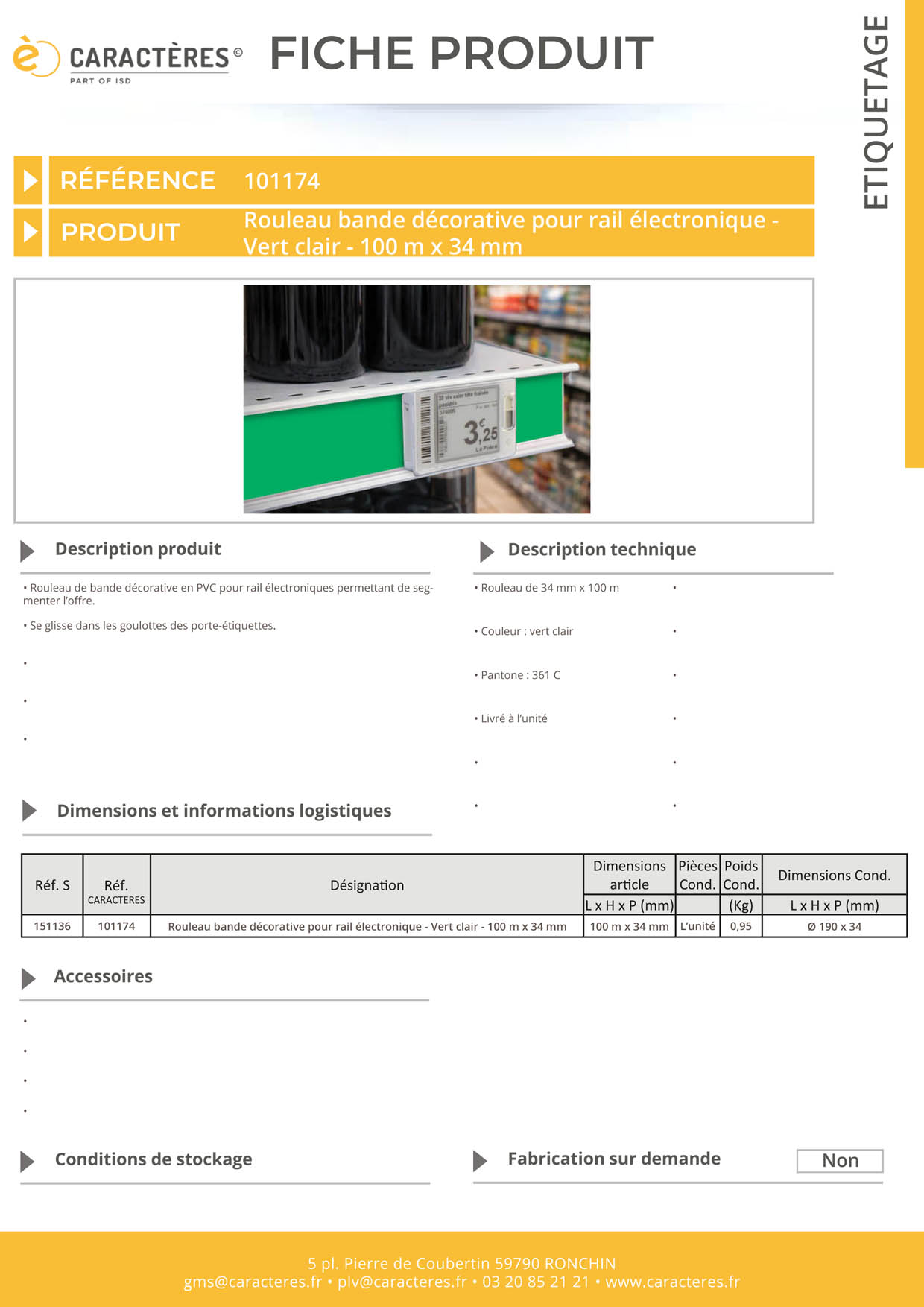 Bande décorative pour rail étiquette électronique de 100 m x 34 mm - Vert clair