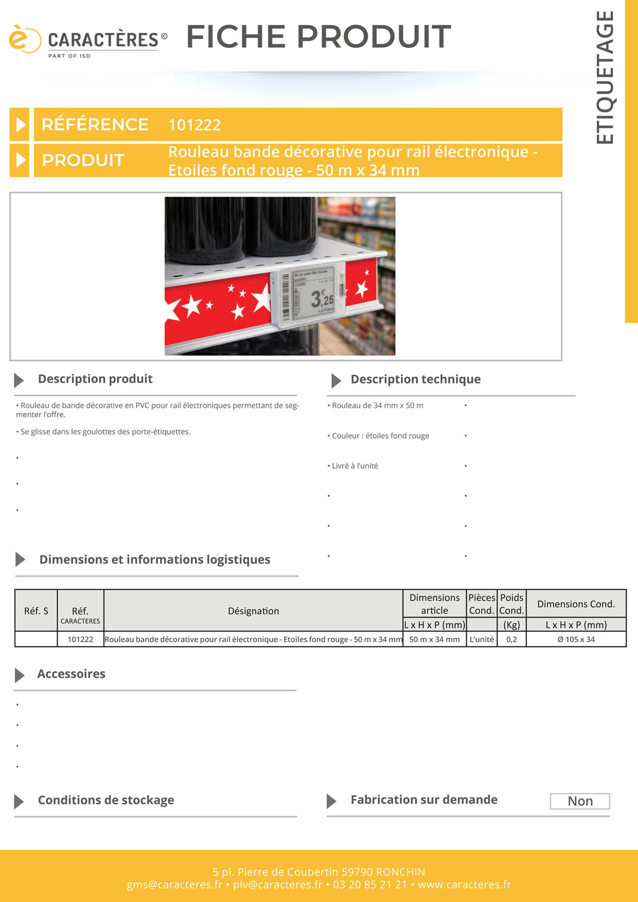 Bande décorative pour rail étiquette électronique de 50 m x 34 mm - Etoiles fond rouge