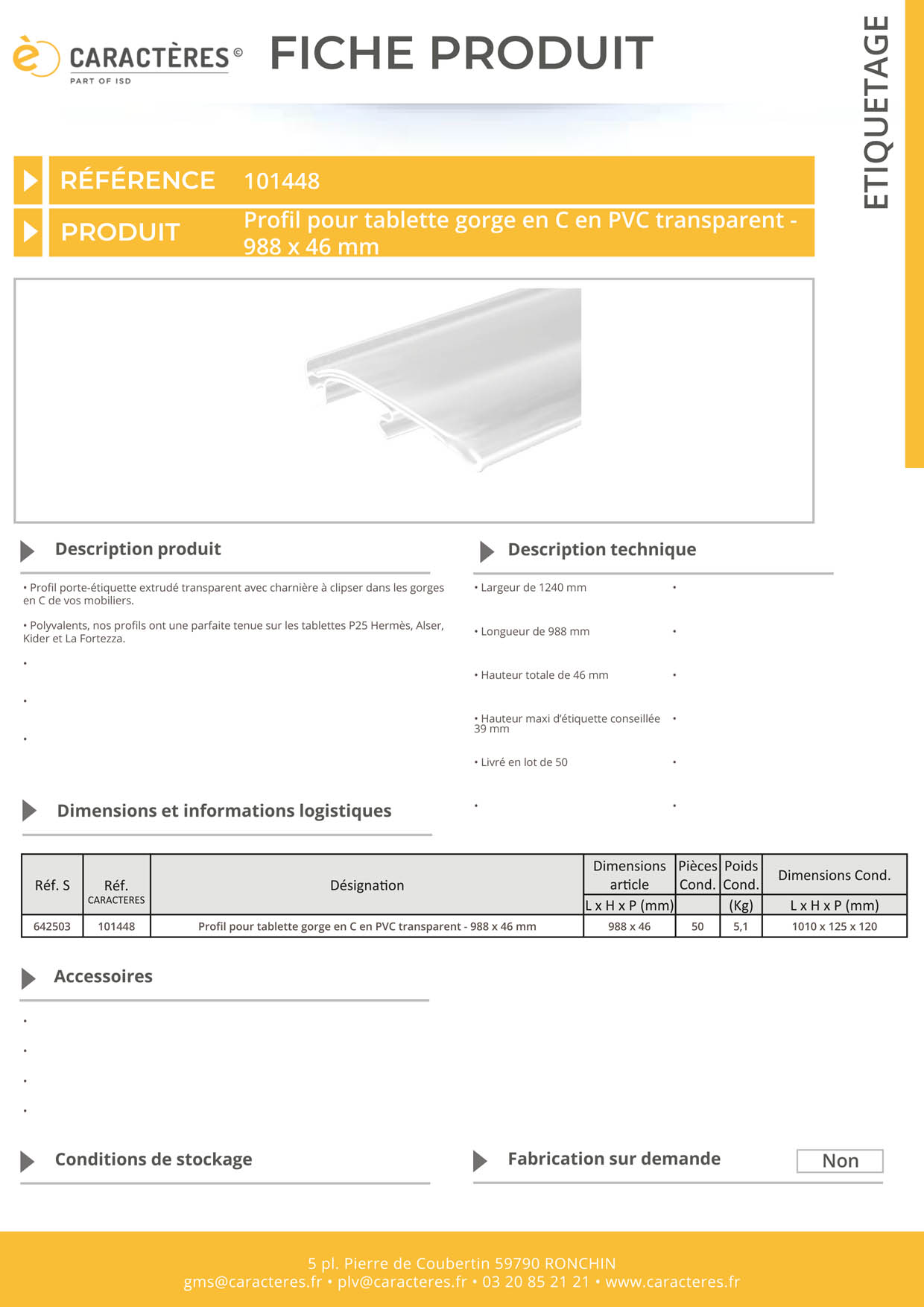 PE extrudé transparent pour tablette gorge en C - 46 x 988 mm