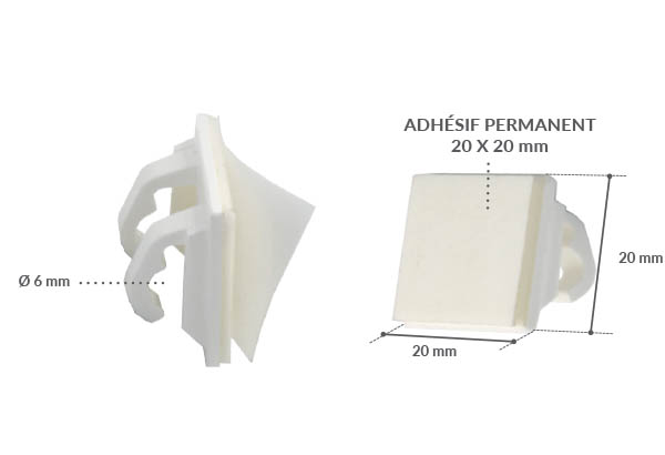 Accroche clip facing avec adhésif pour fil métal de Ø 6 mm max - 20 x 20 mm