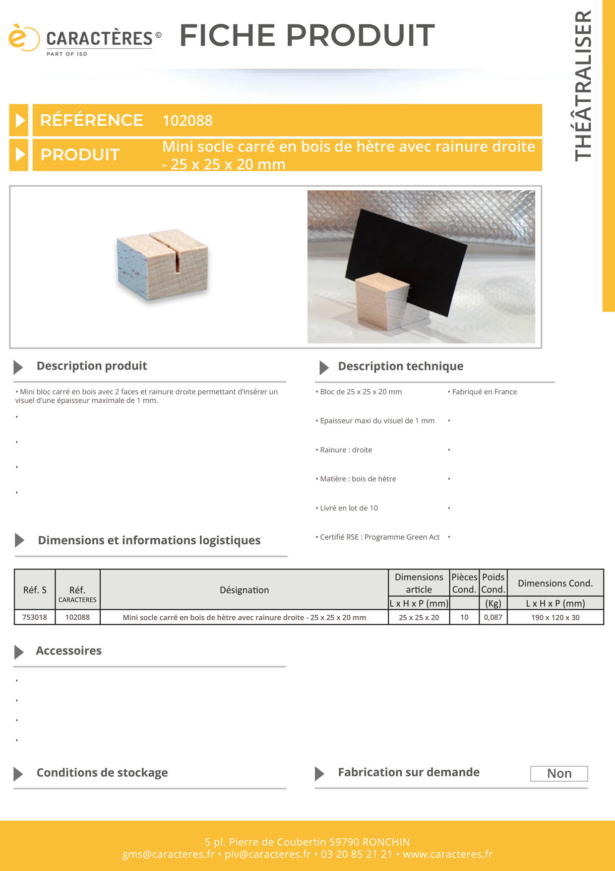 Mini socle carré 25 x 25 x 20 mm en bois - Rainure droite