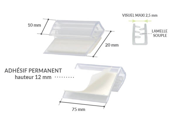 Accroche grip U facing avec adhésif et base de 20 mm - Longueur 75 mm