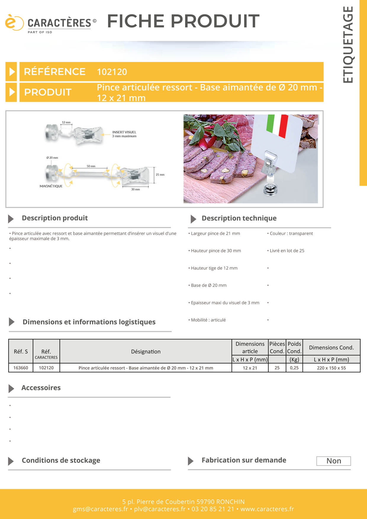 Pince articulée avec ressort et base aimantée de Ø 20 mm - Tige de 12 mm