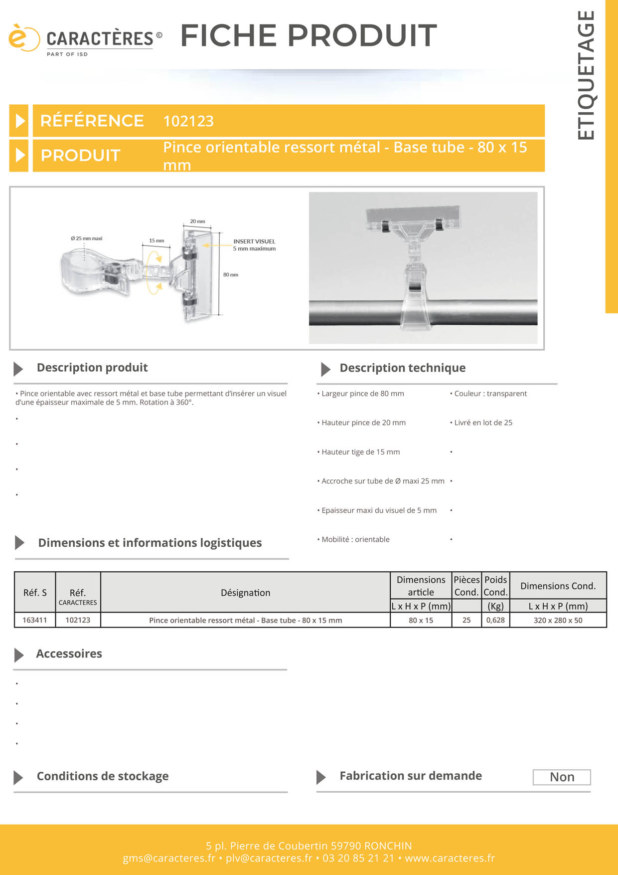 Pince orientable à 360° avec ressort métal et base tube - 80 x 15 mm