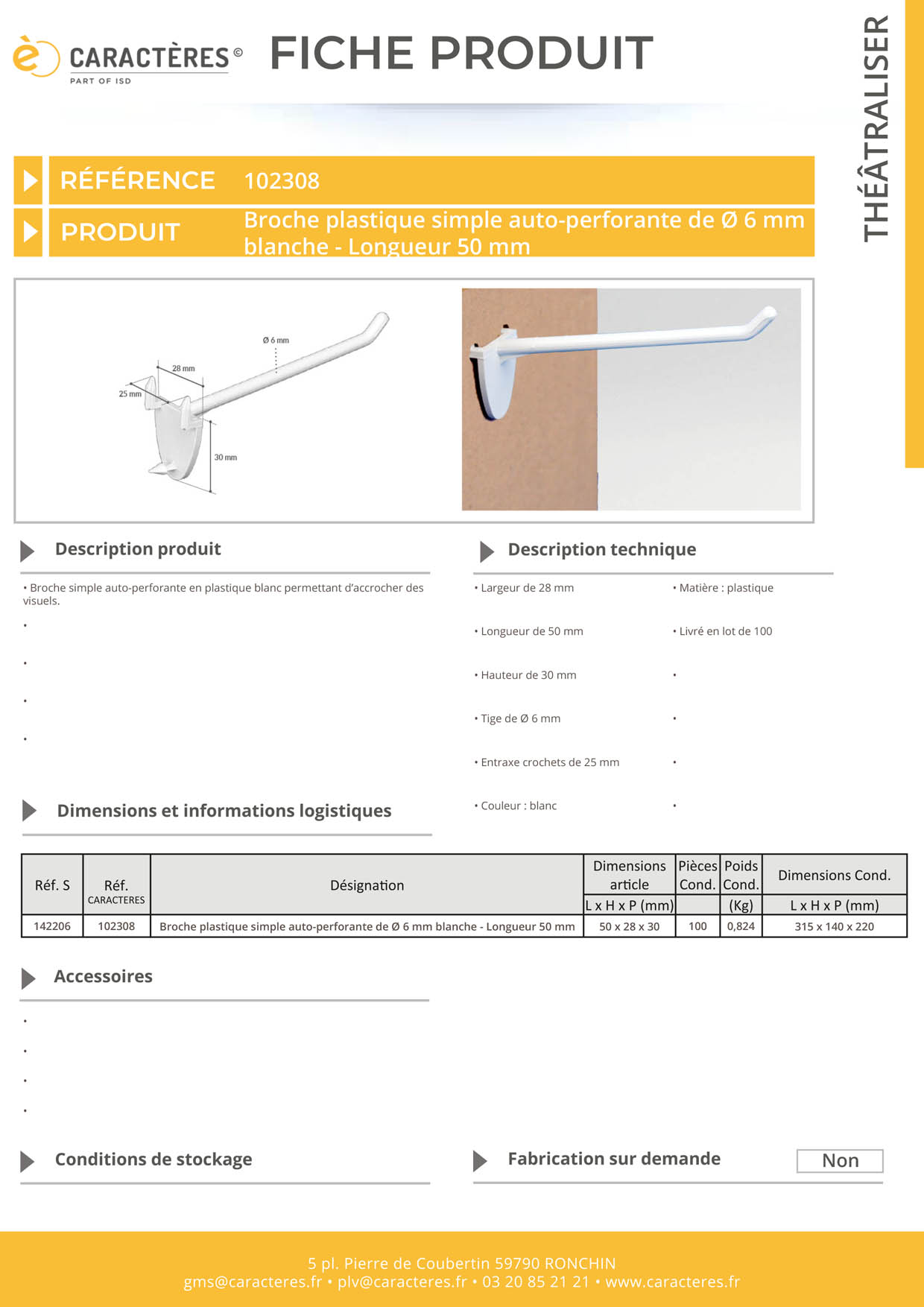 Broche plastique simple auto-perforante de Ø 6 mm blanche - Longueur 50 mm