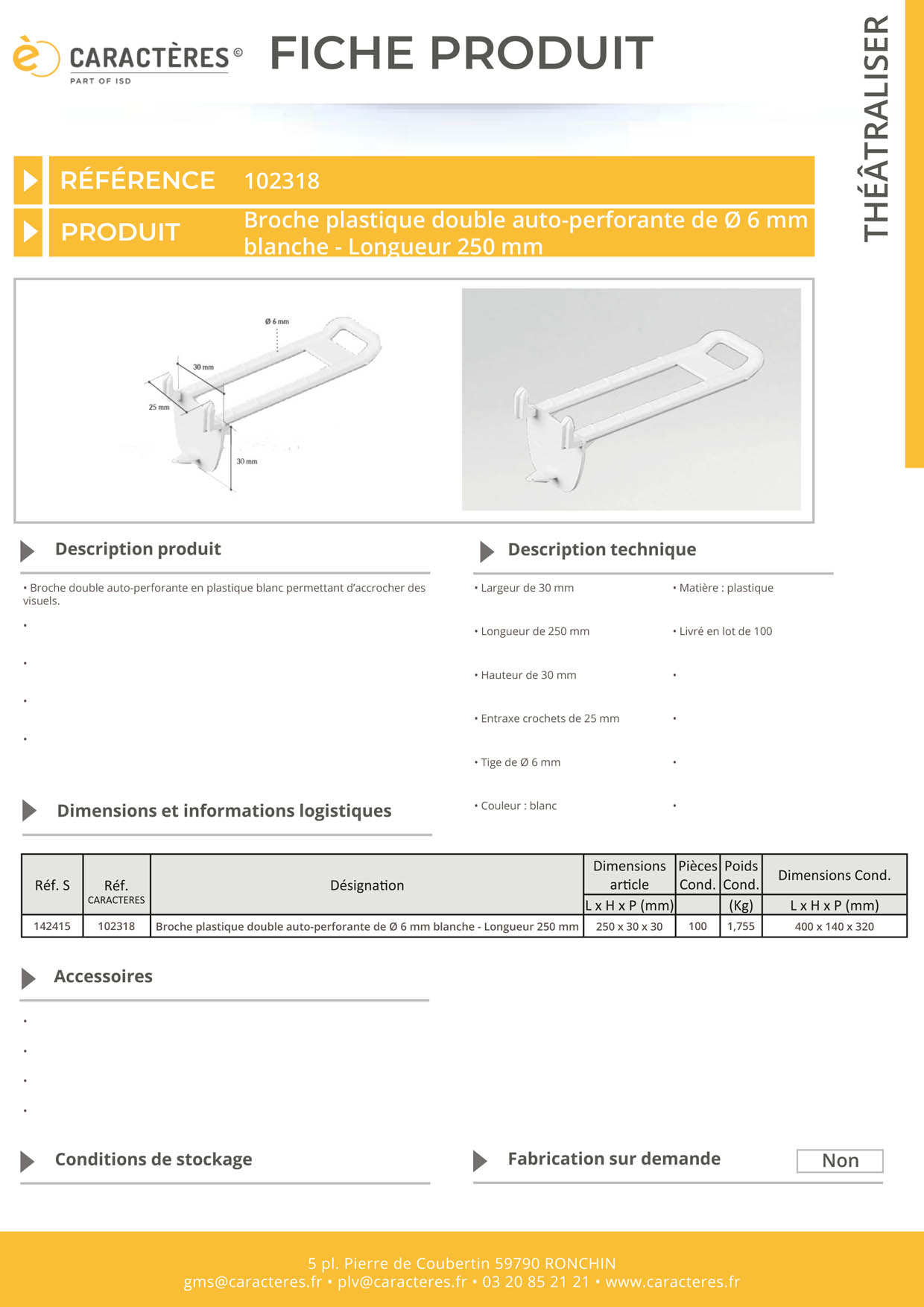 Broche plastique double auto-perforante de Ø 6 mm blanche - Longueur 250 mm