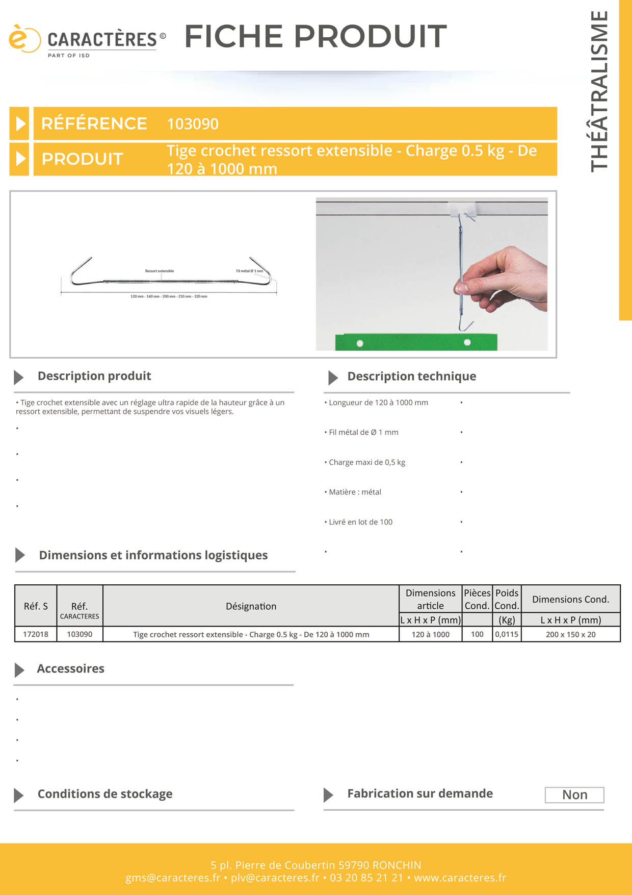 Tige crochet ressort extensible pour charge de 0,5 kg - De 120 à 1000 mm