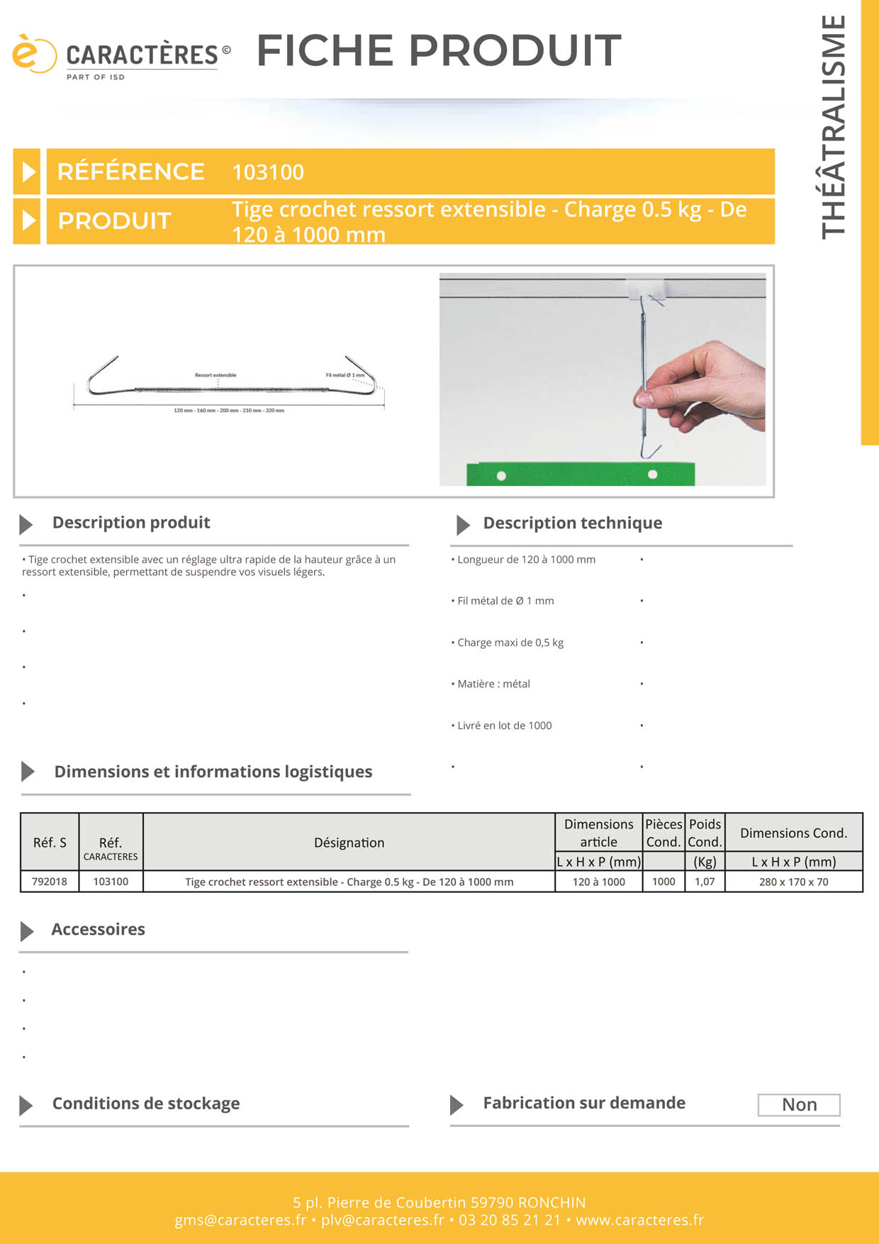 Tige crochet ressort extensible pour charge de 0,5 kg - De 120 à 1000 mm