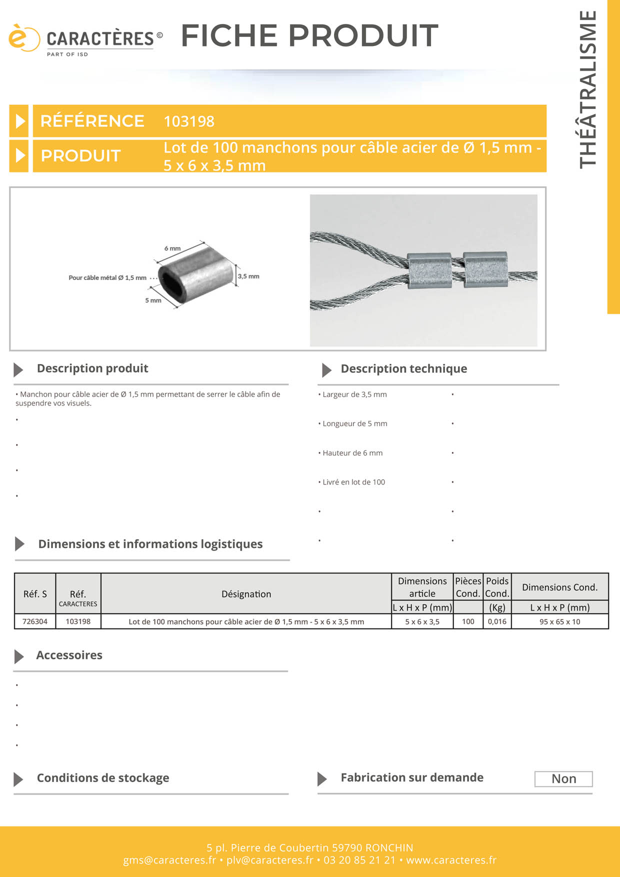 Lot de 100 manchons pour câble acier de Ø 1,5 mm - 5 x 6 x 3,5 mm
