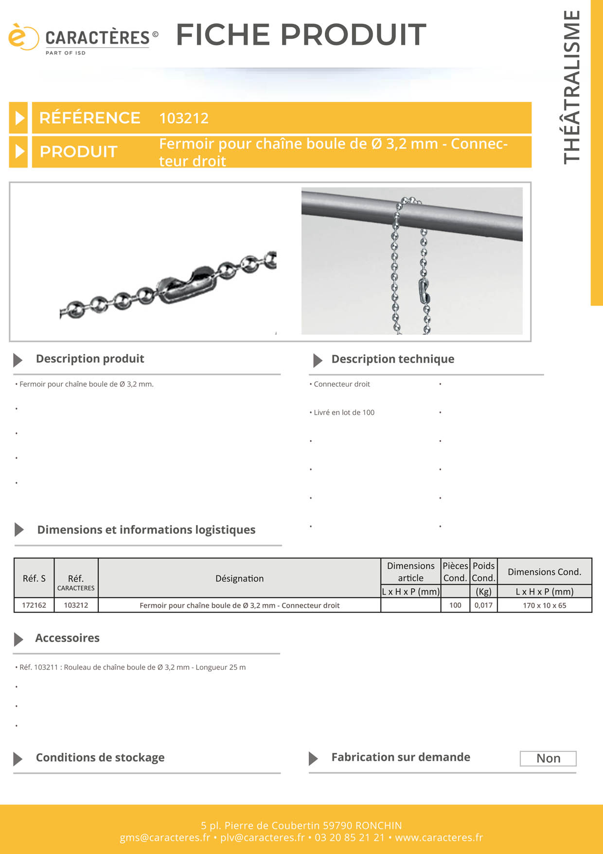 Fermoir droit pour chaîne boule de Ø 3.2 mm