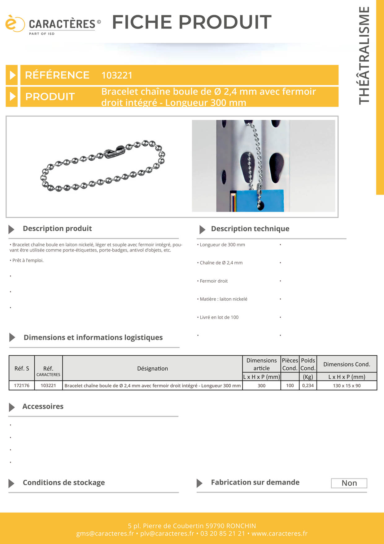 Bracelet chaîne boule de Ø 2.4 mm avec fermoir droit - Longueur 300 mm
