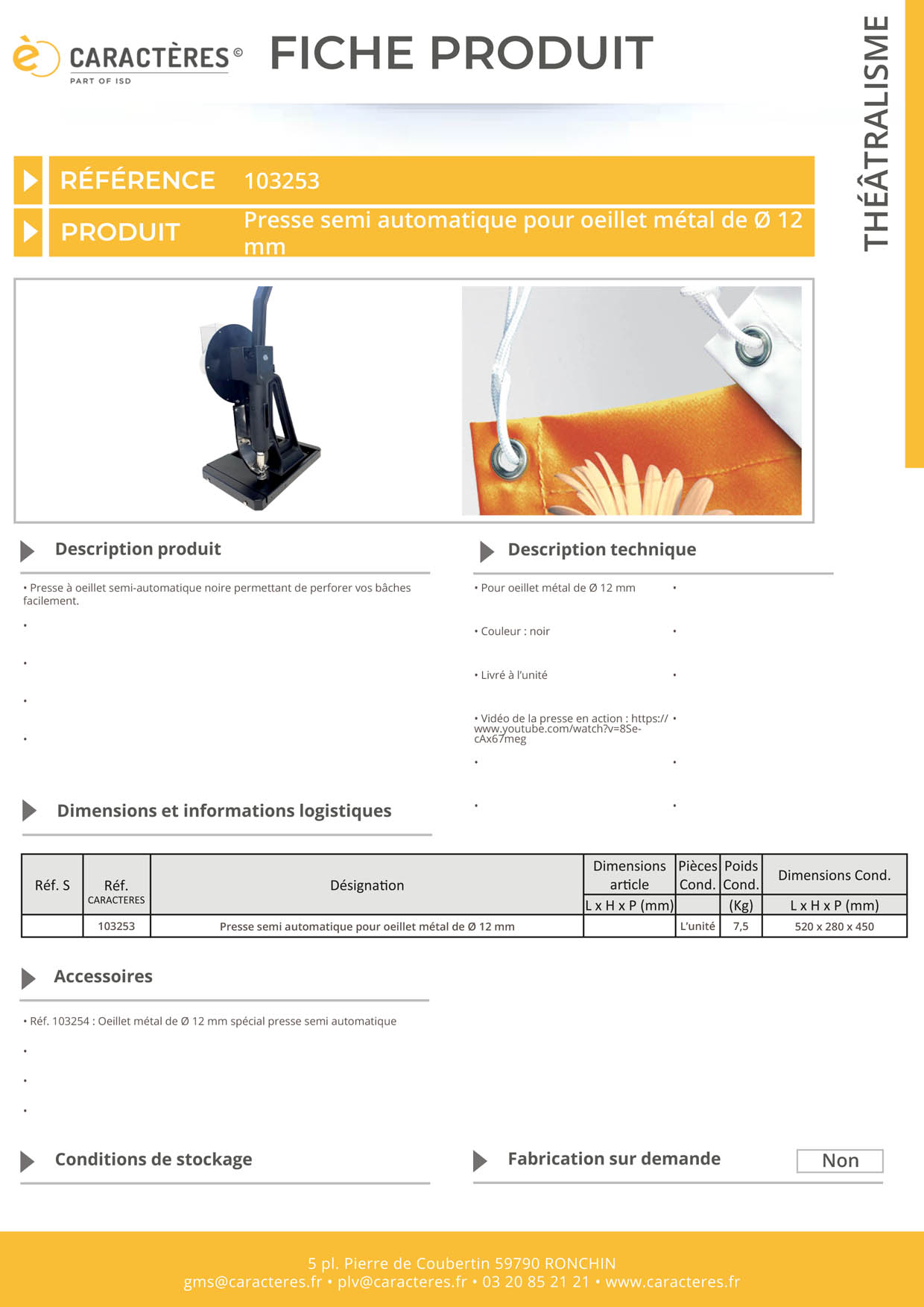 Presse semi automatique pour oeillet métal de Ø 12 mm