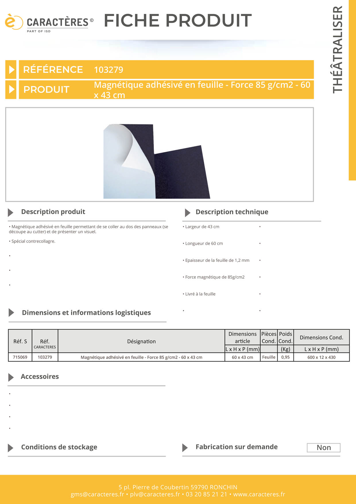 Feuille magnétique adhésivé d'épaisseur 1.2 mm et de force 85 g/cm2 - 43 x 60 cm