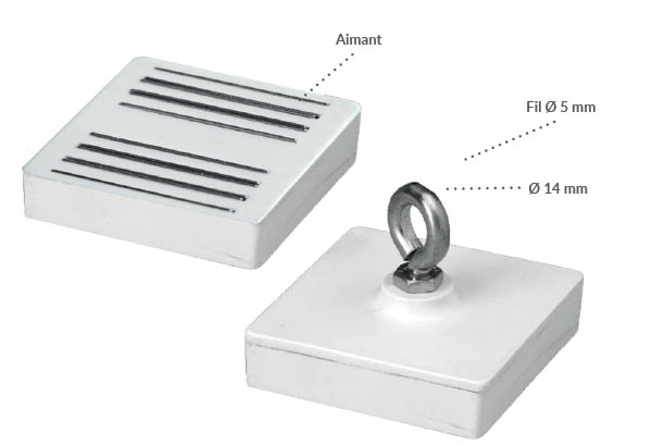 Aimant carré blanc avec crochet fermé en métal - 58 x 58 mm et force de 25 kg