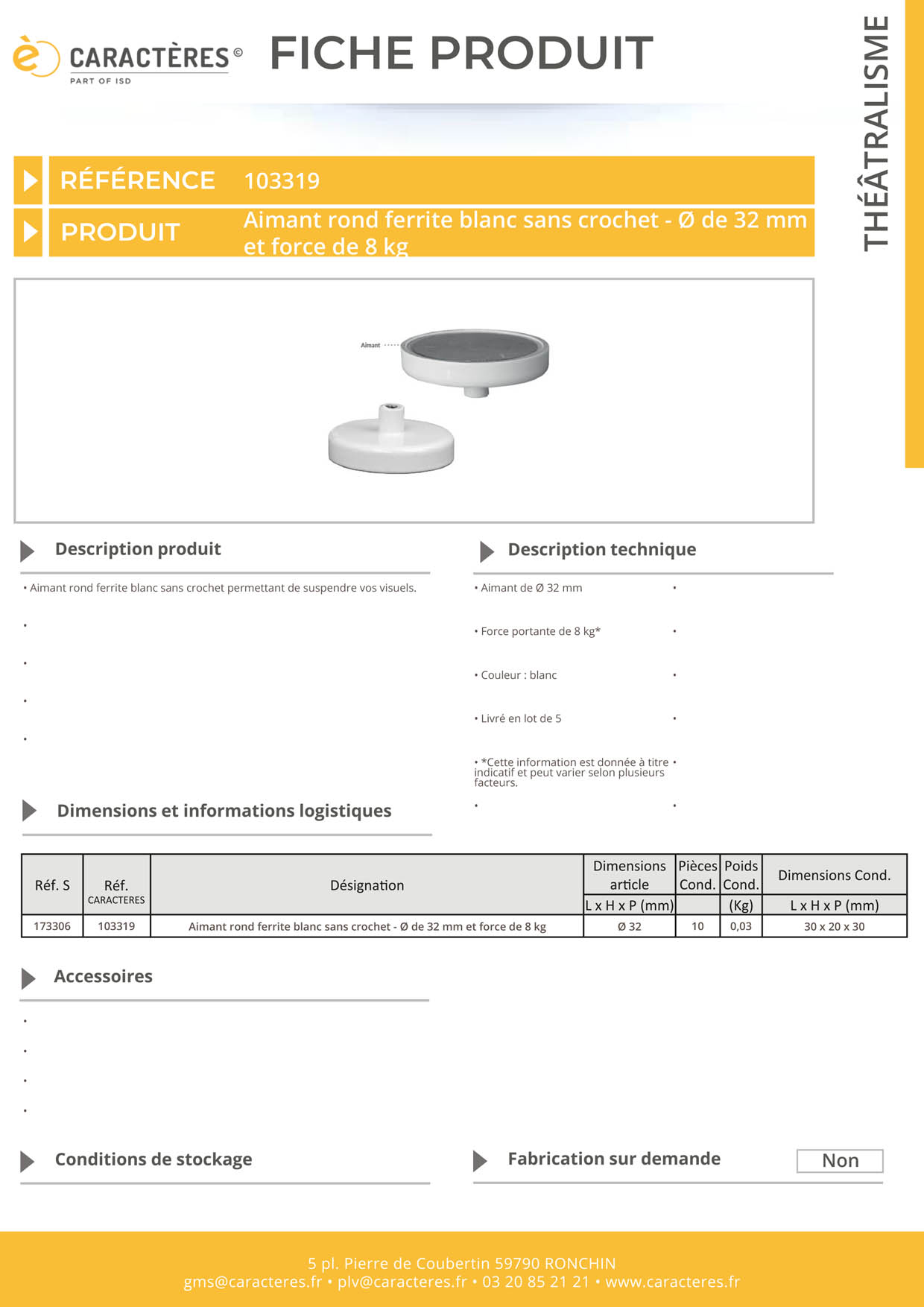 Aimant rond ferrite blanc sans crochet - Ø de 32 mm et force de 8 kg