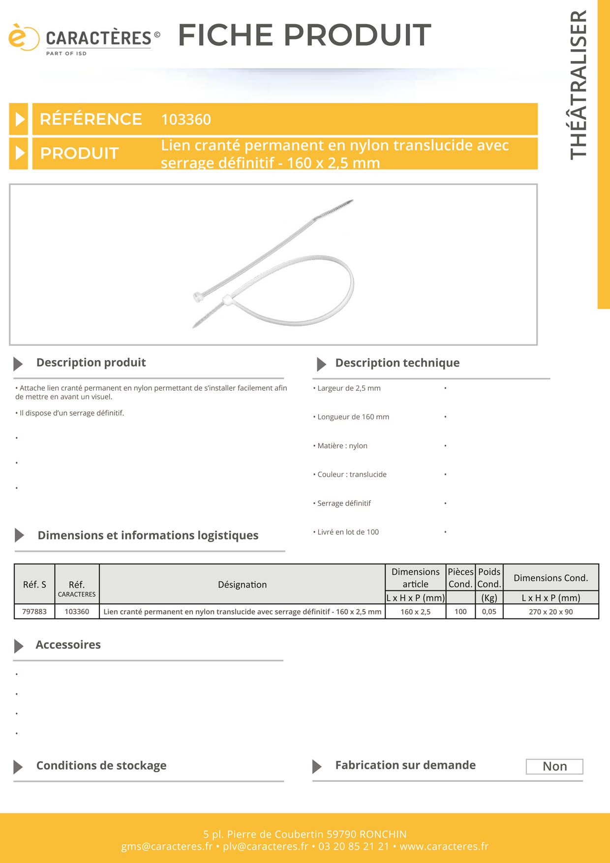 Lien cranté en nylon translucide avec serrage définitif - 160 x 2.5 mm