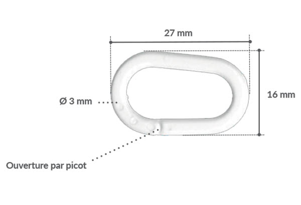 Anneau ovale avec fil PVC blanc de Ø 3 mm - Hauteur 27 mm