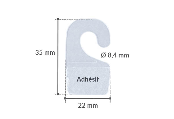 Hang-Tab rigide crochet ouvert en PET adhésivé - Poids maxi 200g - 22 x 35 mm