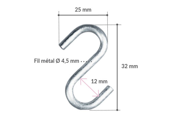 Crochet S en métal - Fil de Ø 4,5 mm - Hauteur 32 mm