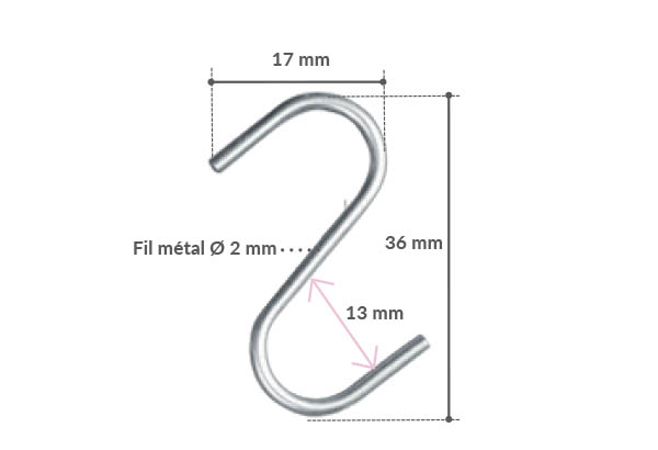 Crochet S en métal - Fil de Ø 2 mm - Hauteur 36 mm