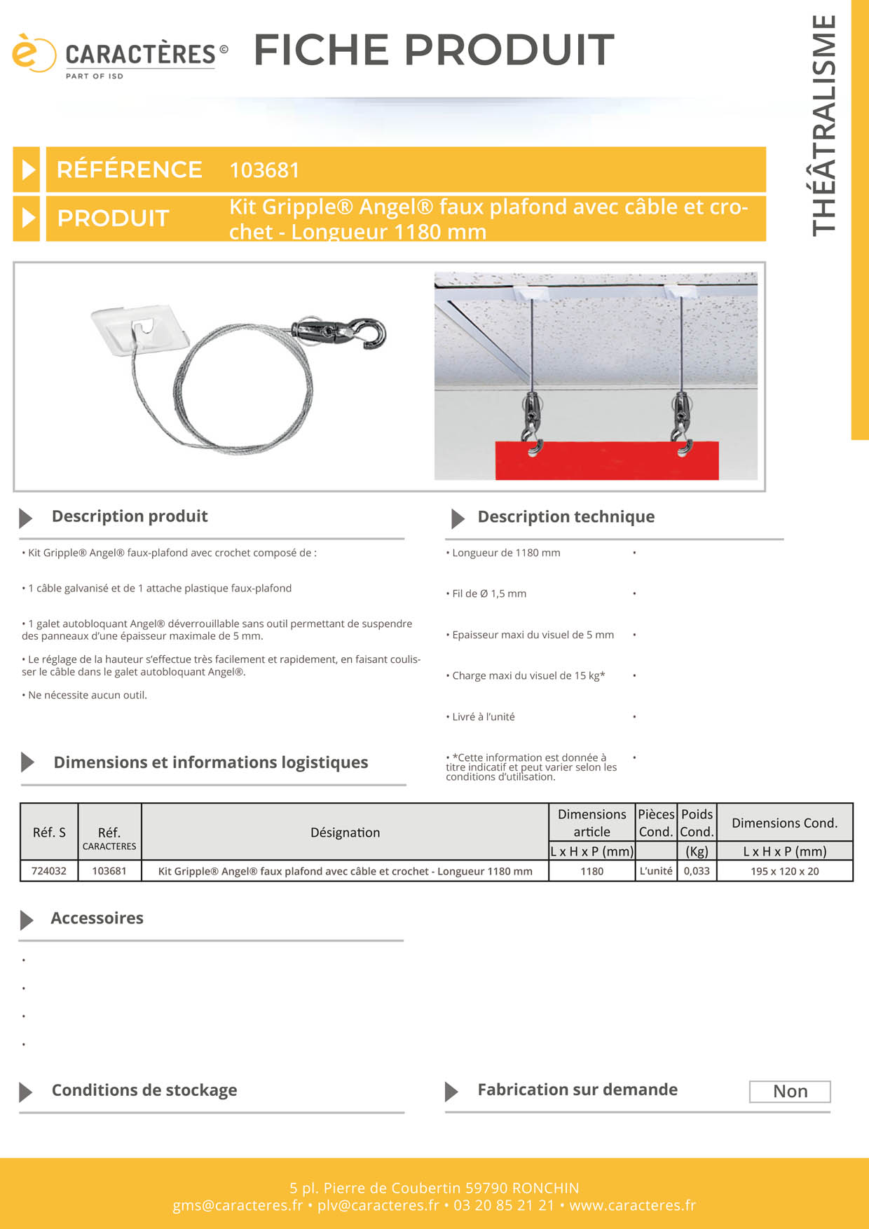 Kit Gripple® Angel® faux plafond avec câble et crochet - Longueur 1180 mm