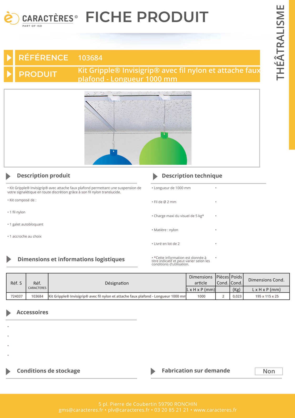 Kit Gripple® Invisigrip® avec fil nylon et attache faux plafond - Longueur 1000 mm