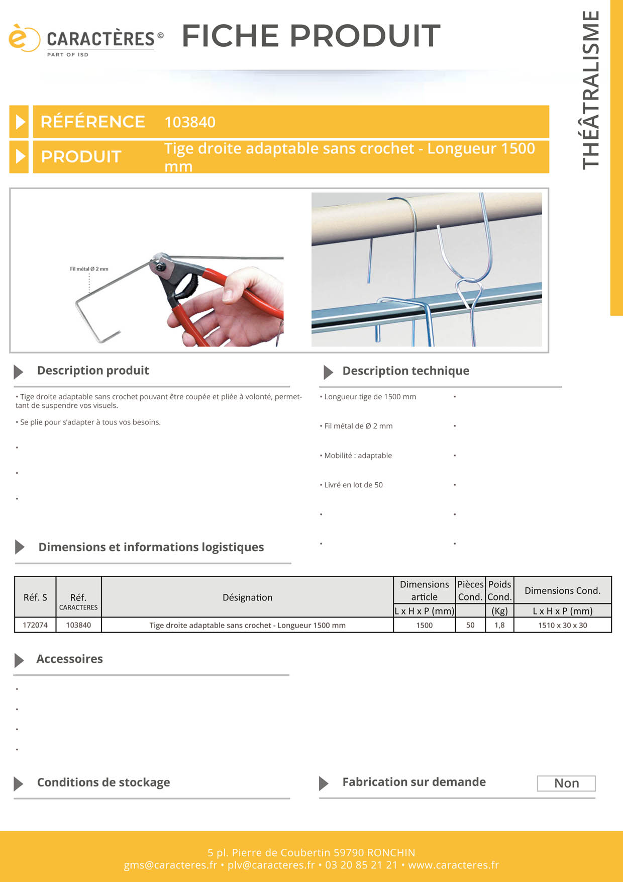 Tige droite adaptable sans crochet - Longueur 1500 mm