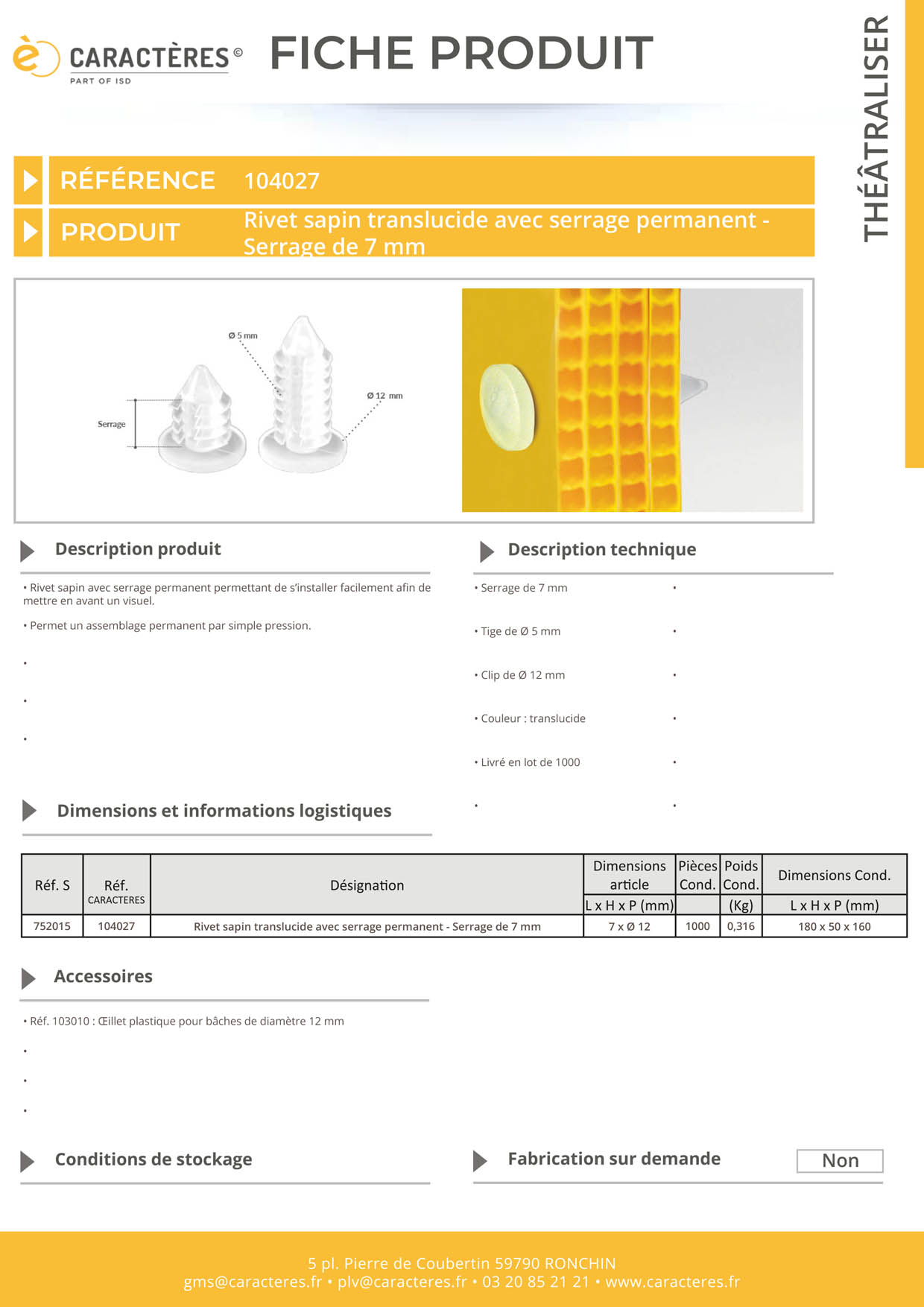 Rivet sapin clip de Ø 12 mm translucide avec serrage permanent de 7 mm