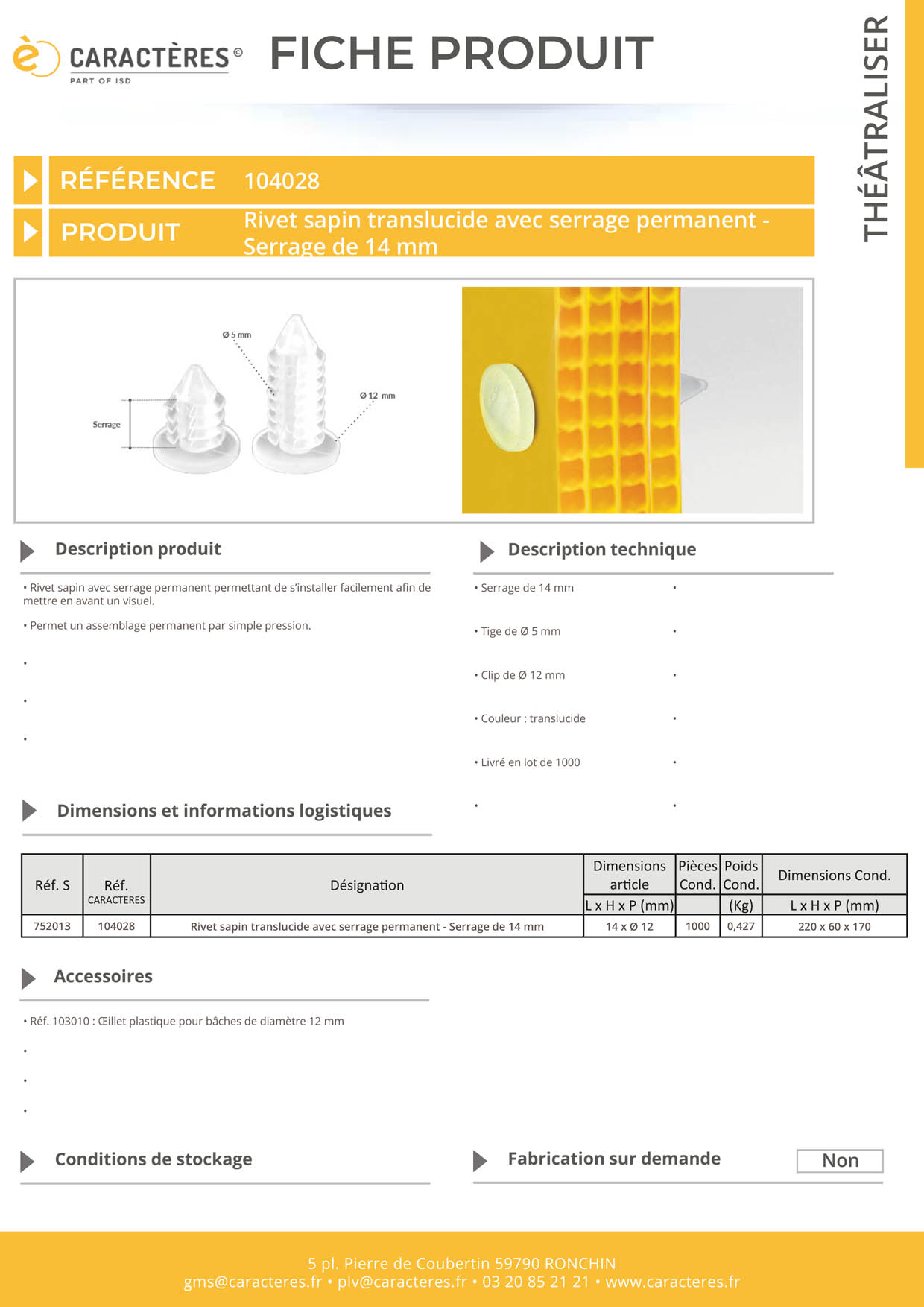 Rivet sapin clip de Ø 12 mm translucide avec serrage permanent de 14 mm