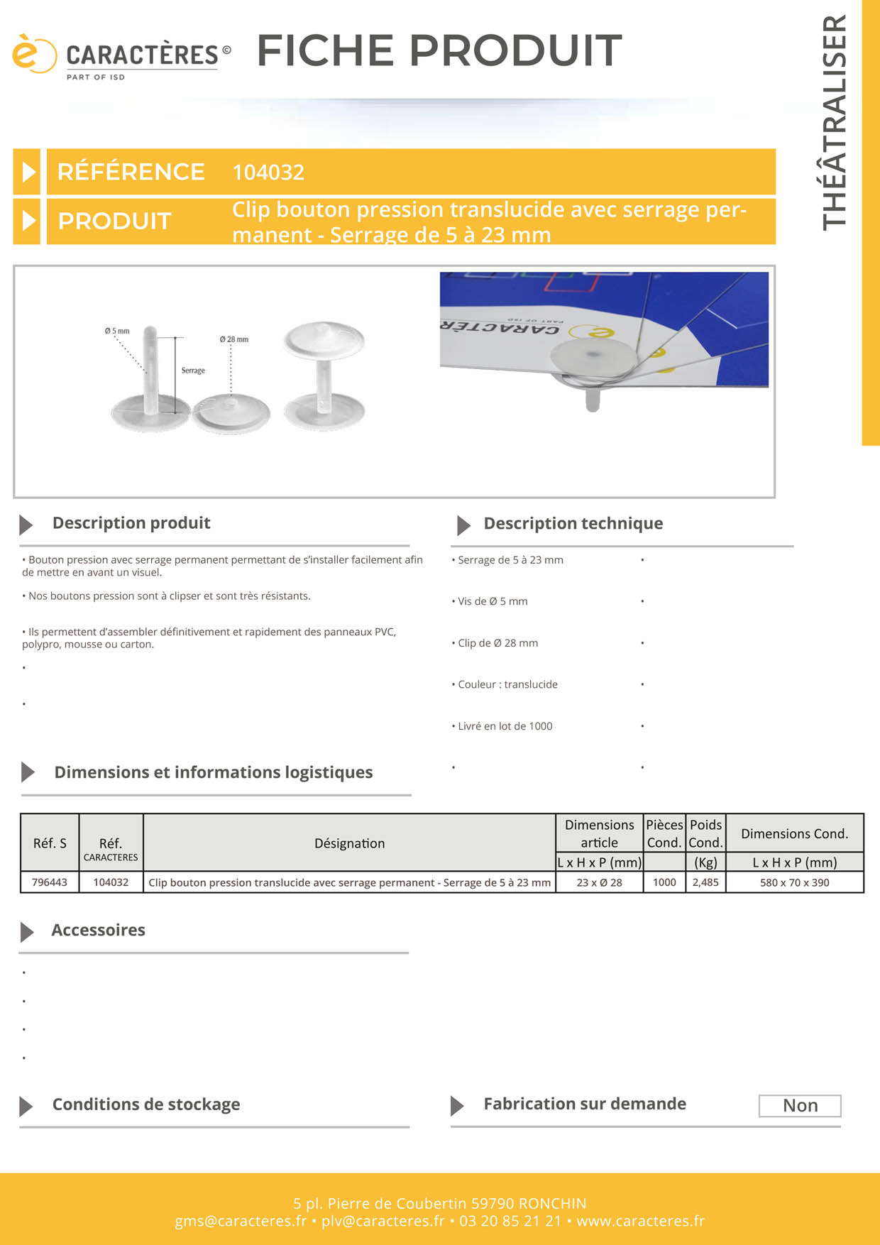 Bouton pression clip de Ø 28 mm translucide avec serrage permanent de 5 à 23 mm