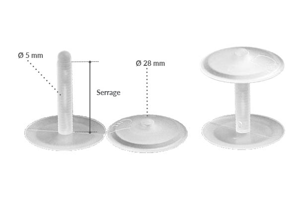 Bouton pression clip de Ø 28 mm translucide avec serrage permanent de 5 à 41 mm