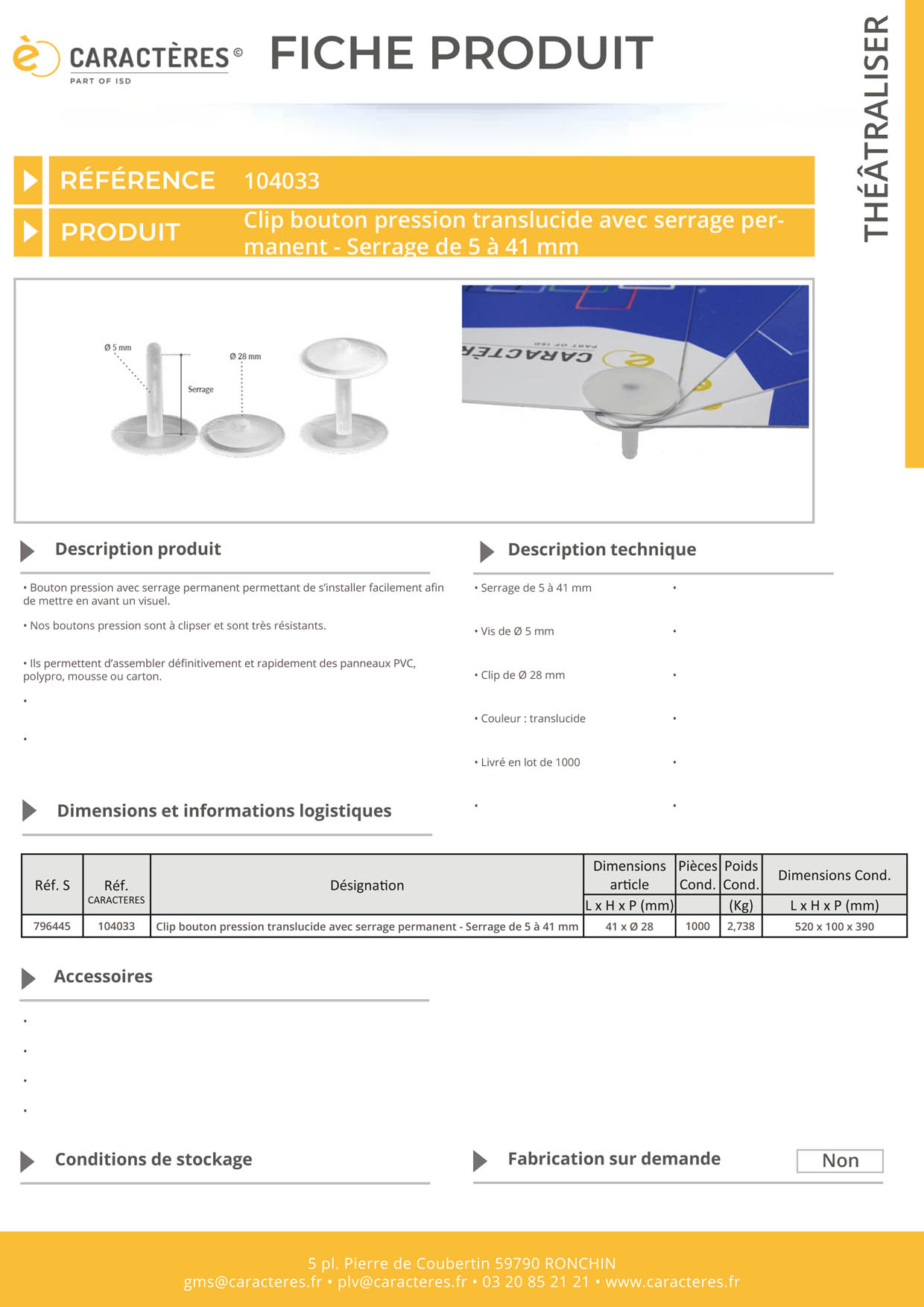 Bouton pression clip de Ø 28 mm translucide avec serrage permanent de 5 à 41 mm
