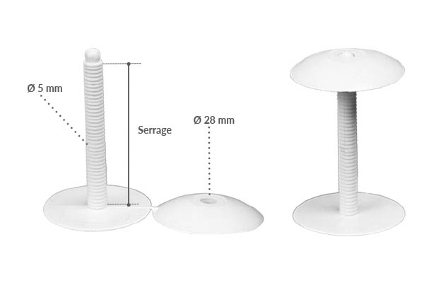 Bouton pression clip de Ø 28 mm blanc avec serrage permanent de 5 à 39 mm