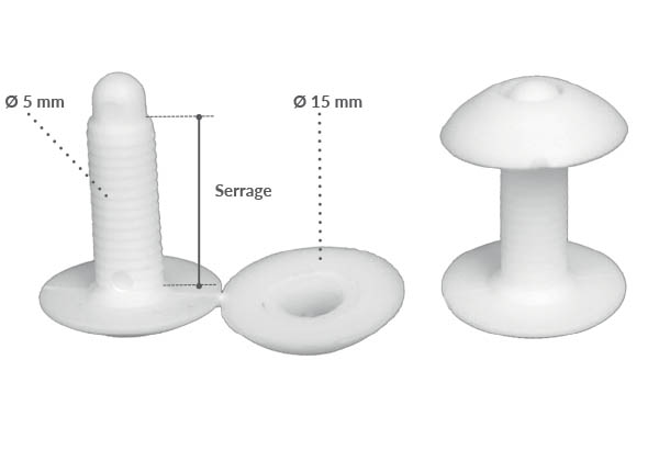 Bouton pression clip de Ø 15 mm blanc avec serrage permanent de 5 à 10 mm