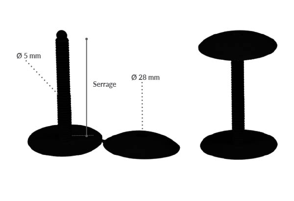 Bouton pression clip de Ø 28 mm noir avec serrage permanent de 5 à 16 mm