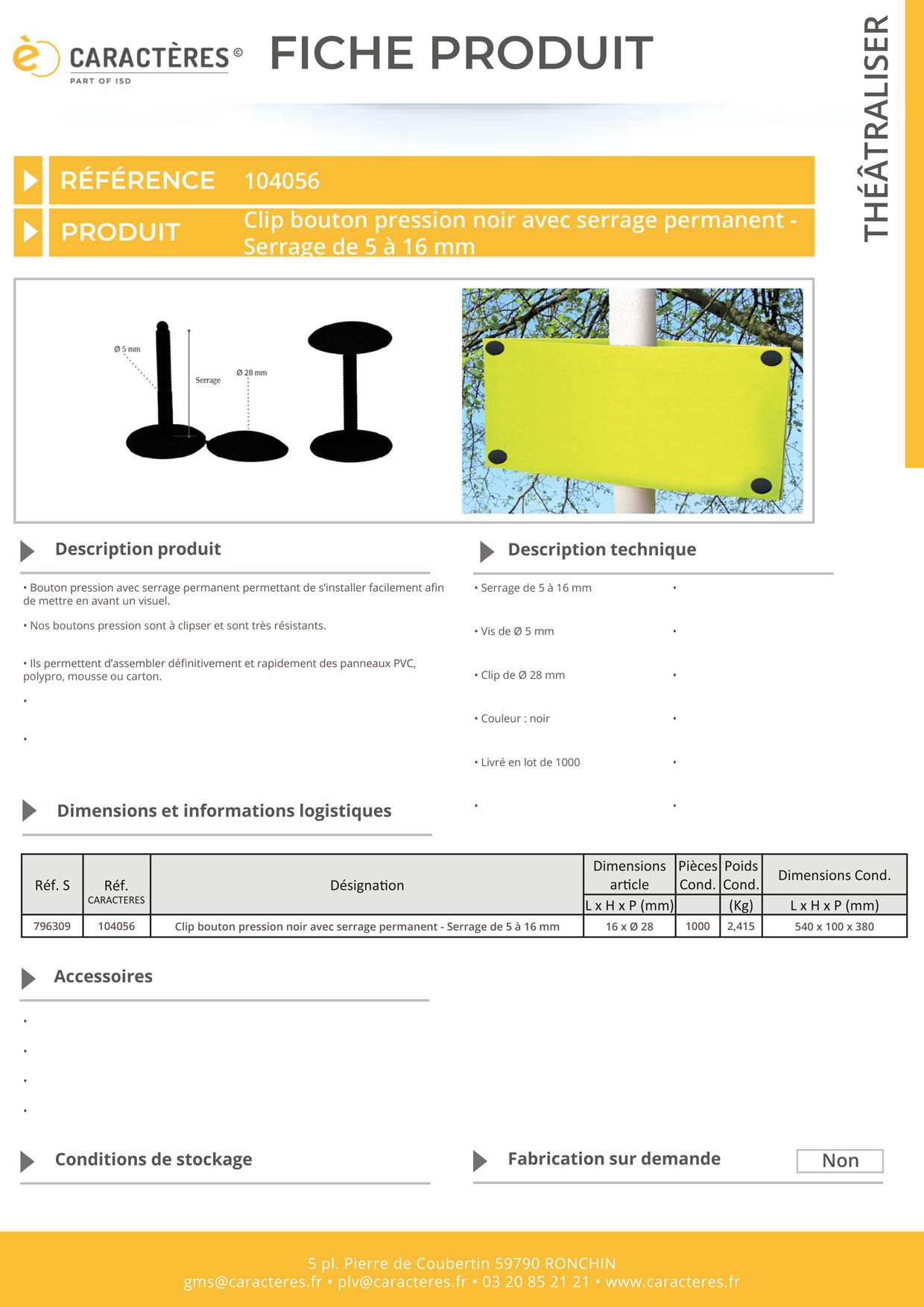 Bouton pression clip de Ø 28 mm noir avec serrage permanent de 5 à 16 mm