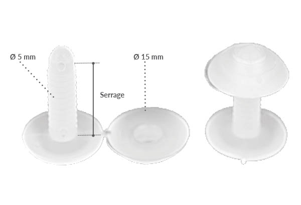 Bouton pression clip de Ø 15 mm translucide avec serrage permanent de 5 à 42 mm