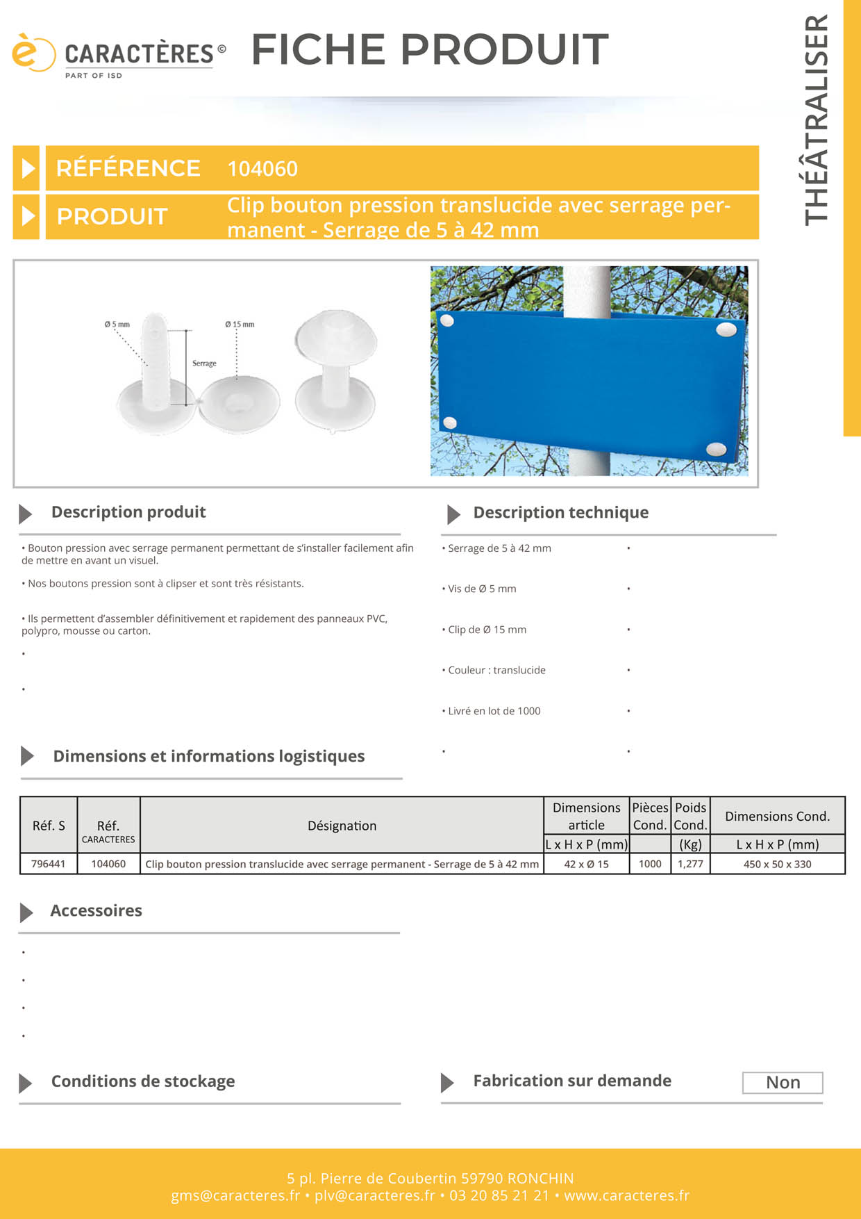 Bouton pression clip de Ø 15 mm translucide avec serrage permanent de 5 à 42 mm