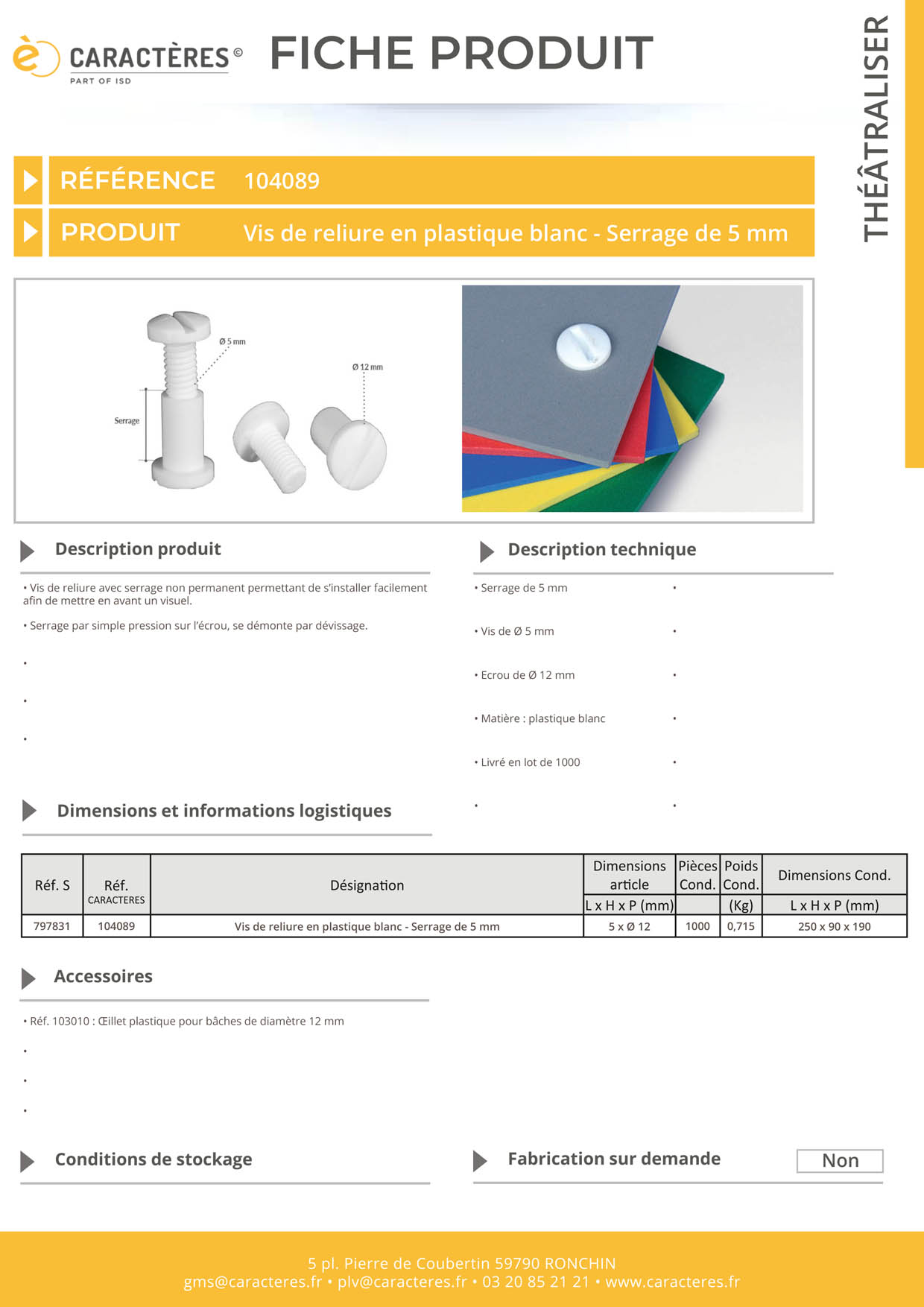 Vis de reliure de Ø 5 mm en plastique blanc avec serrage non permanent de 5 mm