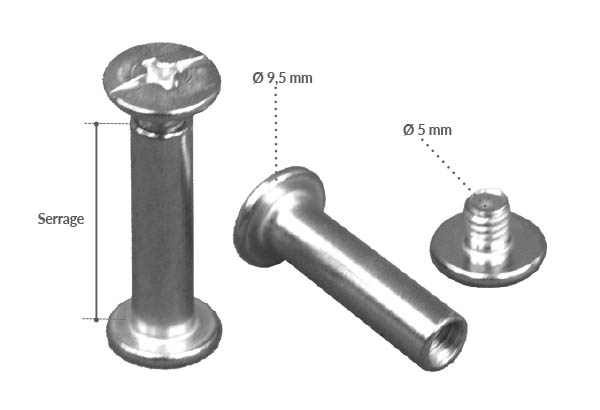 Vis de reliure de Ø 5 mm en métal argenté avec serrage non permanent de 10 mm