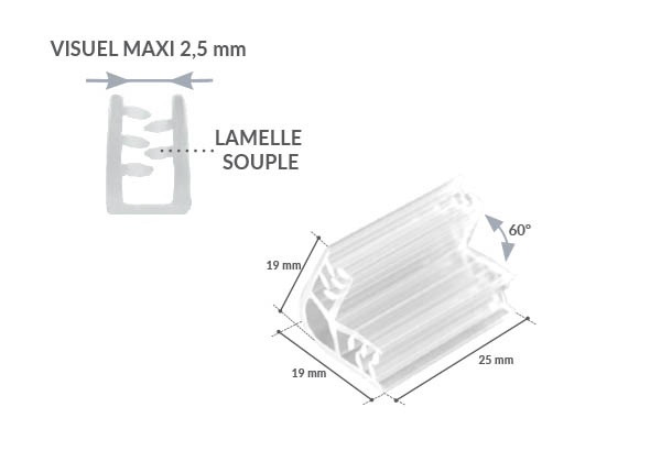 Grip de jonction - Relie 2 visuels de 2.5 mm d'épaisseur + angle 60° - 25 x 19 x 19 mm